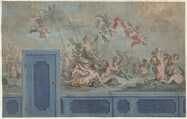 Design for a wall decoration with Neptune and entourage, 1751. Creator: Ruik Keyert.