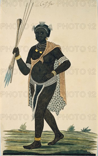 Man holding three assegais and a knobkerrie, 1776-1795. Creator: Robert Jacob Gordon.