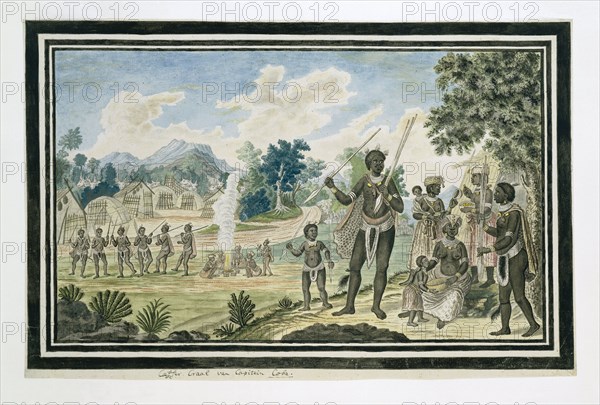 The kraal of 'Captain' Coba (or Kobé), a chief of the Gqunukhwebe, 1777. Creator: Robert Jacob Gordon.