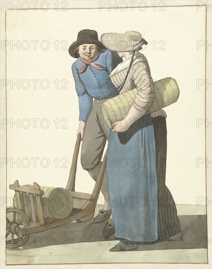 Woman next to a man with a wheelbarrow, 1700-1800. Creator: W. Barthautz.