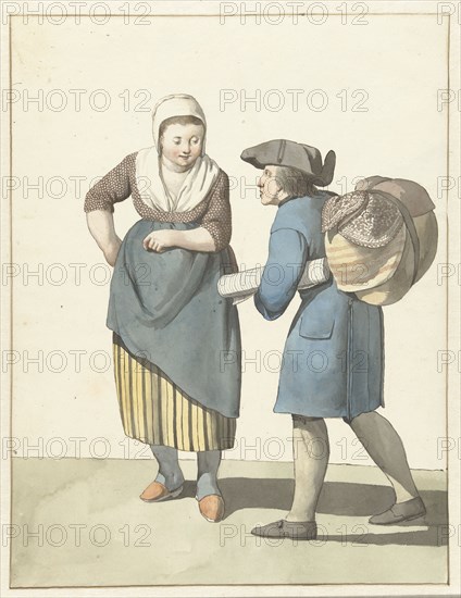 Fabric seller negotiating with a woman, 1700-1800. Creator: W. Barthautz.