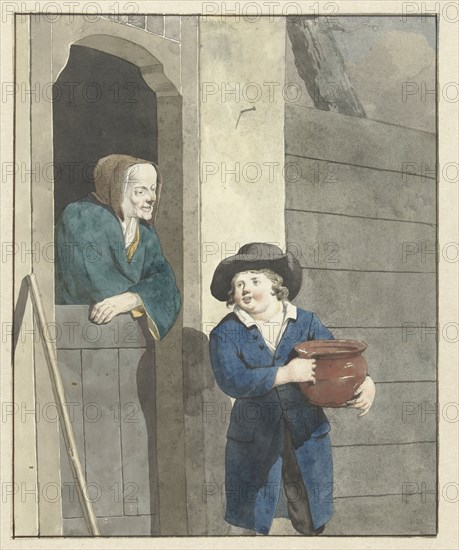 Boy with a pot with a woman leaning on a lower door, 1700-1800. Creator: W. Barthautz.