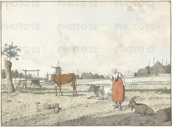 Landscape with farmer and cattle, 1700-1800. Creator: W. Barthautz.