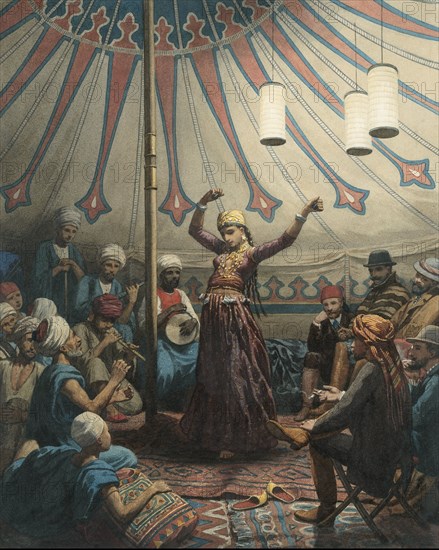 Egyptian dancer in a tent, with musicians and spectators, 1868 or later.  Creator: Willem de Famars Testas.