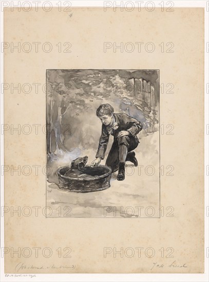 Boy kneels down to dog in a basket, 1870-1937 Creator: Willem Wenckebach.