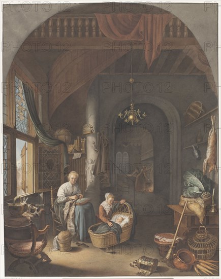 Interior with mother and children, 1799-1856. Creator: Abraham Lion Zeelander.