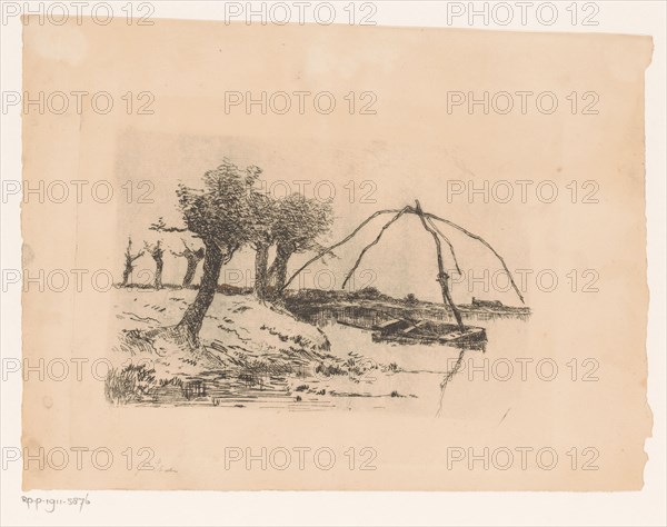 Landscape with knot willows, a rowing boat in the water with a totebel, 1854-1911. Creator: Adrien Le Mayeur de Merprés.