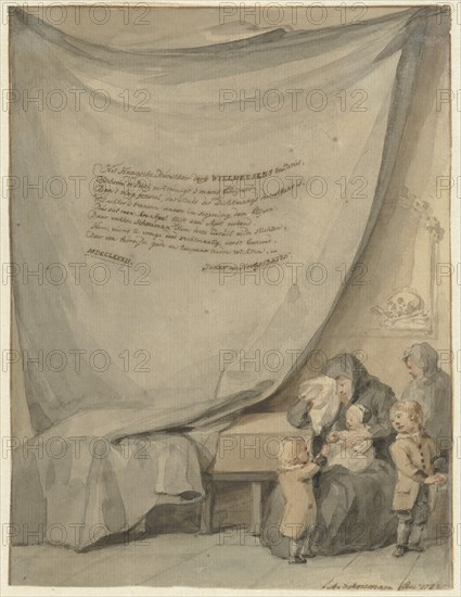 Widow with four children and a coffin, 1782. Creator: Aert Schouman.