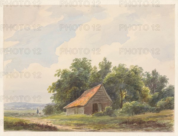 Landscape with barn and in the distance a shepherd with sheep, 1797-1870. Creator: Andreas Schelfhout.