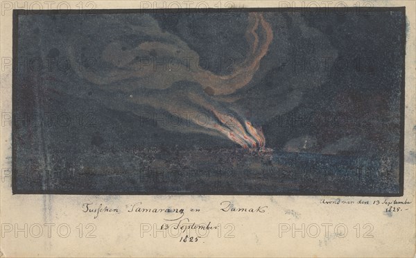 Fire in a landscape in Central Java, 1825, (1825). Creator: Anon.