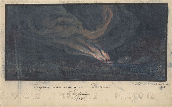 Fire in a landscape in Central Java, 1825, (1825).  Creator: Anon.