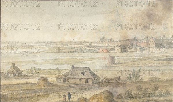 Landscape with farm buildings and a walled city, 1600-1699. Creator: Anon.