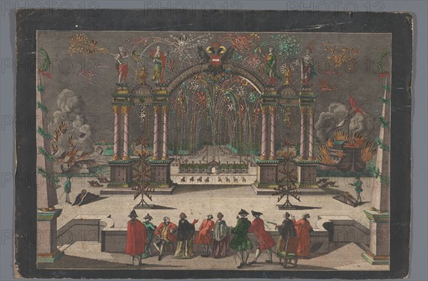 View of fireworks and a triumphal arch with a two-headed eagle and the name of Joseph..., 1765-1799 Creator: Anon.