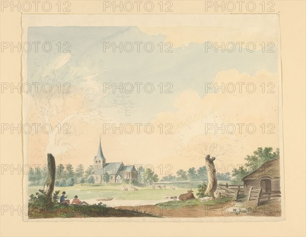 Landscape with a view of pasture on a church, 1700-1800. Creator: Anon.