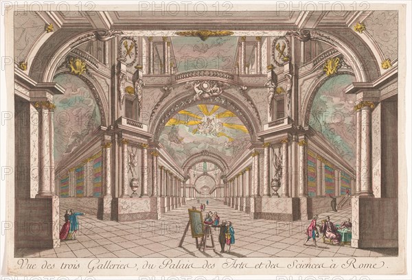 View of the three galleries of the Palace of Art and Science in Rome, 1700-1799. Creator: Anon.