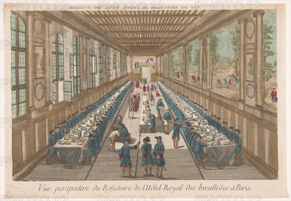 View of the dining room of the Hôtel des Invalides in Paris with a company of a meal, 1700-1799. Creator: Anon.