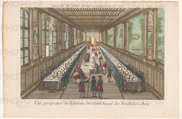 View of the dining room of the Hôtel des Invalides in Paris with a company of a meal, 1700-1799. Creator: Anon.