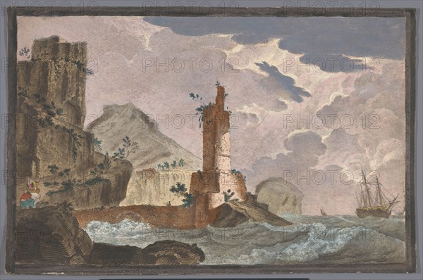 View of a harbor with the ruin of a tower on the waterfront, 1700-1799. Creator: Anon.