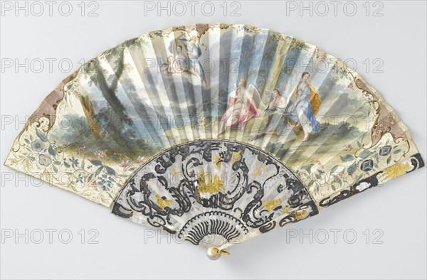 Folding paper fan depicting Hermes holding a woman's portrait, c.1750.  Creator: Anon.