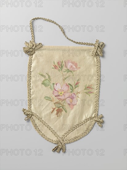 Pouch of ivory-coloured satin with pink flowers, c.1880-c.1890.  Creator: Anon.
