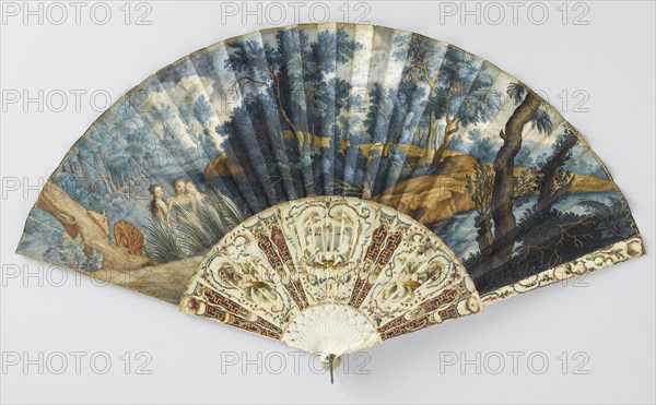 Folding fan with forest and river landscape, and three nymphs, c.1760. Creator: Anon.