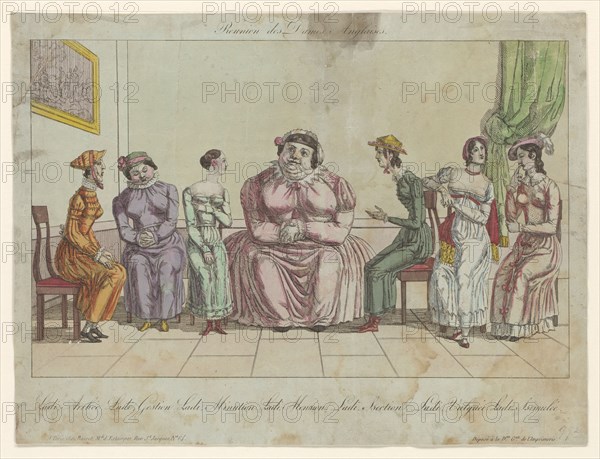 Group of English ladies seated on chairs. 1815. Creators: Anon, Paul-André Basset.