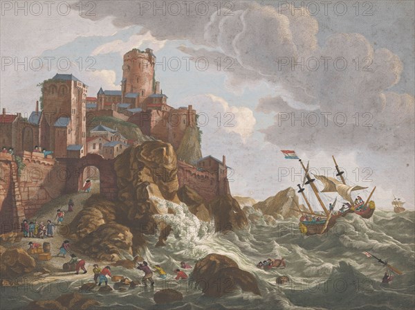 View on a coast with ships and boats on the cliffs in Norway, 1700-1799. Creators: Anon, Pierre Maleuvre.