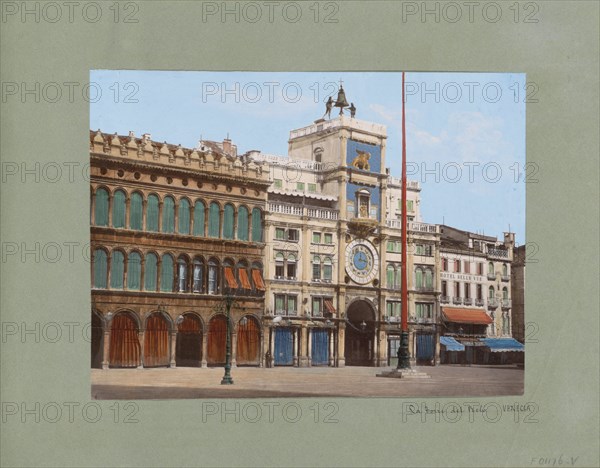 Torre dell'orologio and adjacent buildings in Venice, 1850-1876. Creator: Anon.