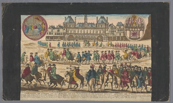 View of the Town Hall in Paris with a procession proclaiming peace, 1700-1799. Creator: Anon.