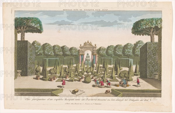 View of a park with trees, hedges and lawns where orange trees are planted in the summer, 1700-1799. Creator: Anon.