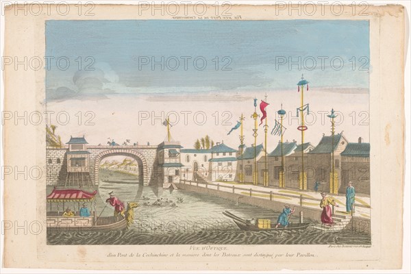 View of a bridge and a row of flags of different boats in Cochin-China, 1700-1799. Creator: Anon.