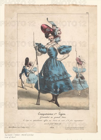 Fantasy uniform and armament for female grenadier, 1831. Creator: E. Morisseau.