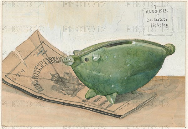 Piggy bank and savings bank booklet, 1915. Creator: Frans Everbag.