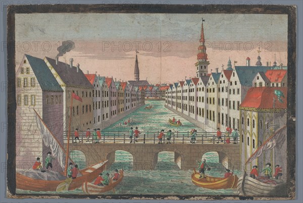 View of the Nikolaifleet opposite St. Nicholas church in Hamburg, 1742-1801. Creator: Anon.