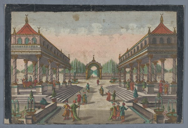 View of a colonnade towards a cypress garden in Constantinople, 1742-1801. Creator: Anon.