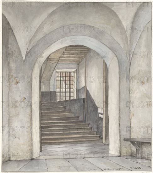 The stairs where Willem van Oranje was murdered, bullet holes and sign, 1835. Creator: Gerrit Lamberts.