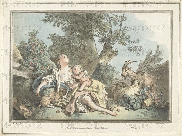 Sleeping Shepherdess and Cupid, 1760-1802. Creator: Gilles-Antoine Demarteau.