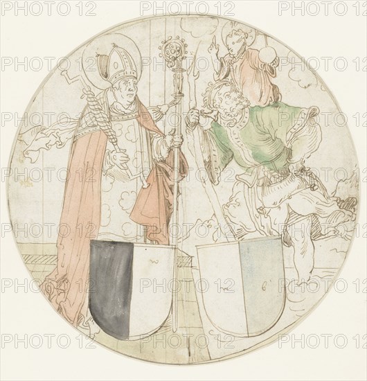 Saints Christophorus and Erasmus, each with a coat of arms, 1510-1550. Creator: Sebald Beham.