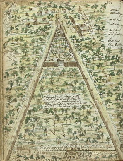 Bird's eye view of elephant corral, 1785. Creator: Jan Brandes.