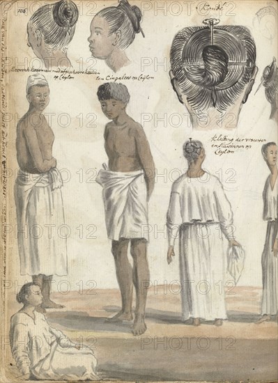 Hairstyles, traditional styles in Ceylon, 1785-1786. Creator: Jan Brandes.