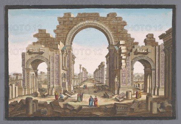 View of the ruin of the arch of the colonnade at Palmyra, seen from the east, 1745-1775. Creator: Anon.