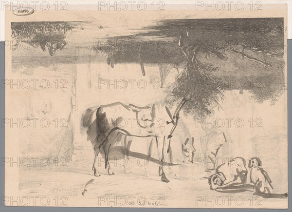 River landscape; two horses and a servant in a stable, 1846.  Creator: Johannes Franciscus Hoppenbrouwers.