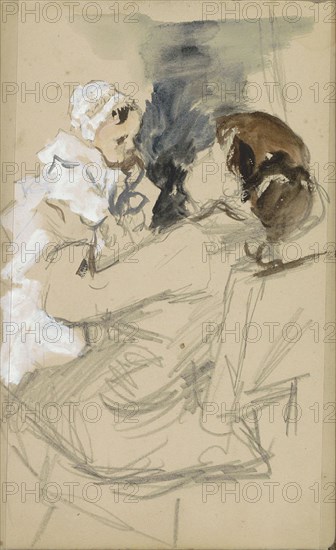 Seated woman lifting a baby, 1834-1911.  Creator: Jozef Israels.