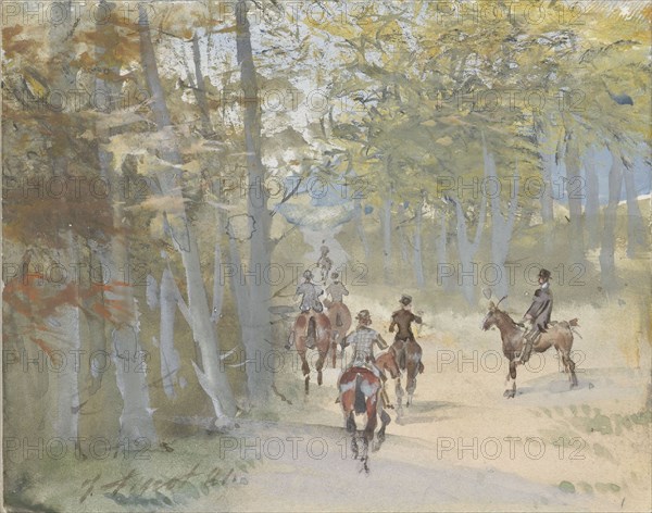 Forest landscape with riders, 1881. Creator: Jules baron Finot.