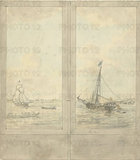 Design for two wallpapers: river with ships in the Netherlands, c.1752-c.1819. Creator: Juriaan Andriessen.