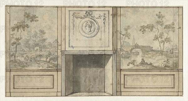 Design for room wall with fireplace in grey with medallion, c.1752-c.1819. Creator: Juriaan Andriessen.