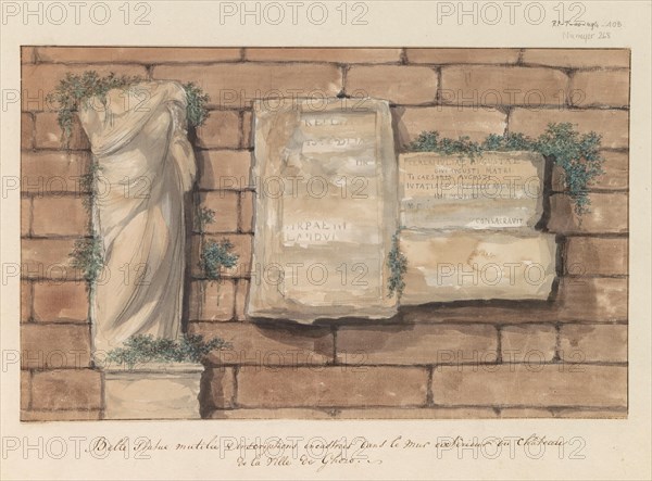 Damaged image and inscriptions bricked into wall of castle in the city of Gozo, 1778. Creator: Louis Ducros.