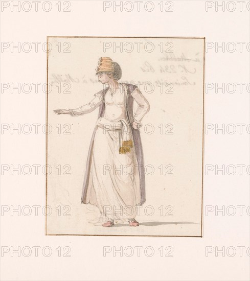 Woman from Smyrna in traditional costume, seen by the travel group in Malta, 1778.  Creator: Louis Ducros.