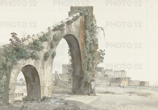 View of Aqueduct and the city of Taranto, 1778. Creator: Louis Ducros.