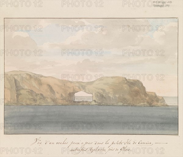 View of rock with hole on small island of Comino near Gozo, 1778. Creator: Louis Ducros.